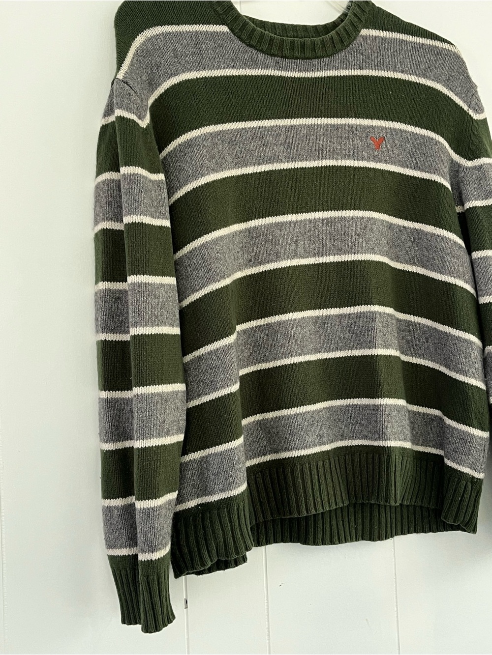 Y2K American Eagle Mens XL Green Gray Stripe Wool Blend Crewneck Sweater Vintage - Picture 6 of 12